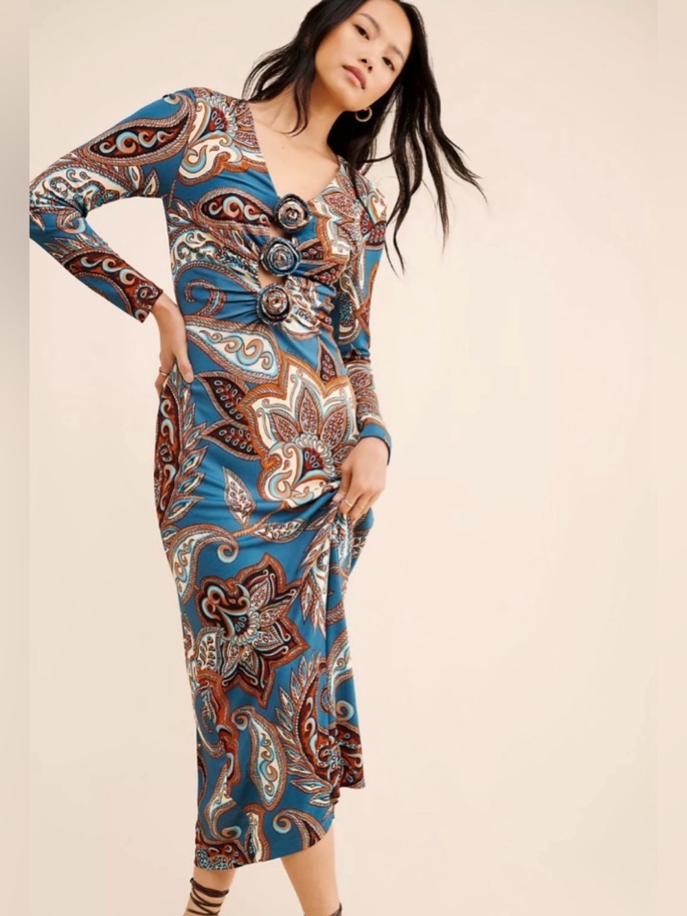 Farm Rio x Nuuly Wonderful Bouquet Midi Dress Blue Paisley Boho EUC